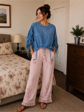 J.OUR Washed Blue Drawstring Sleeve Top L